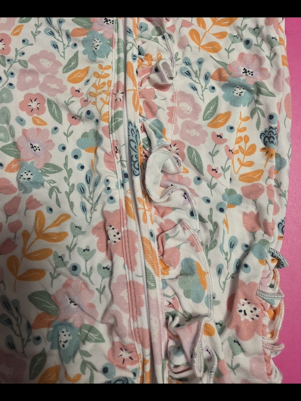 Caden Lane Pink Floral Ruffle Zip-Front Footie Pajamas - Picture 3 of 7
